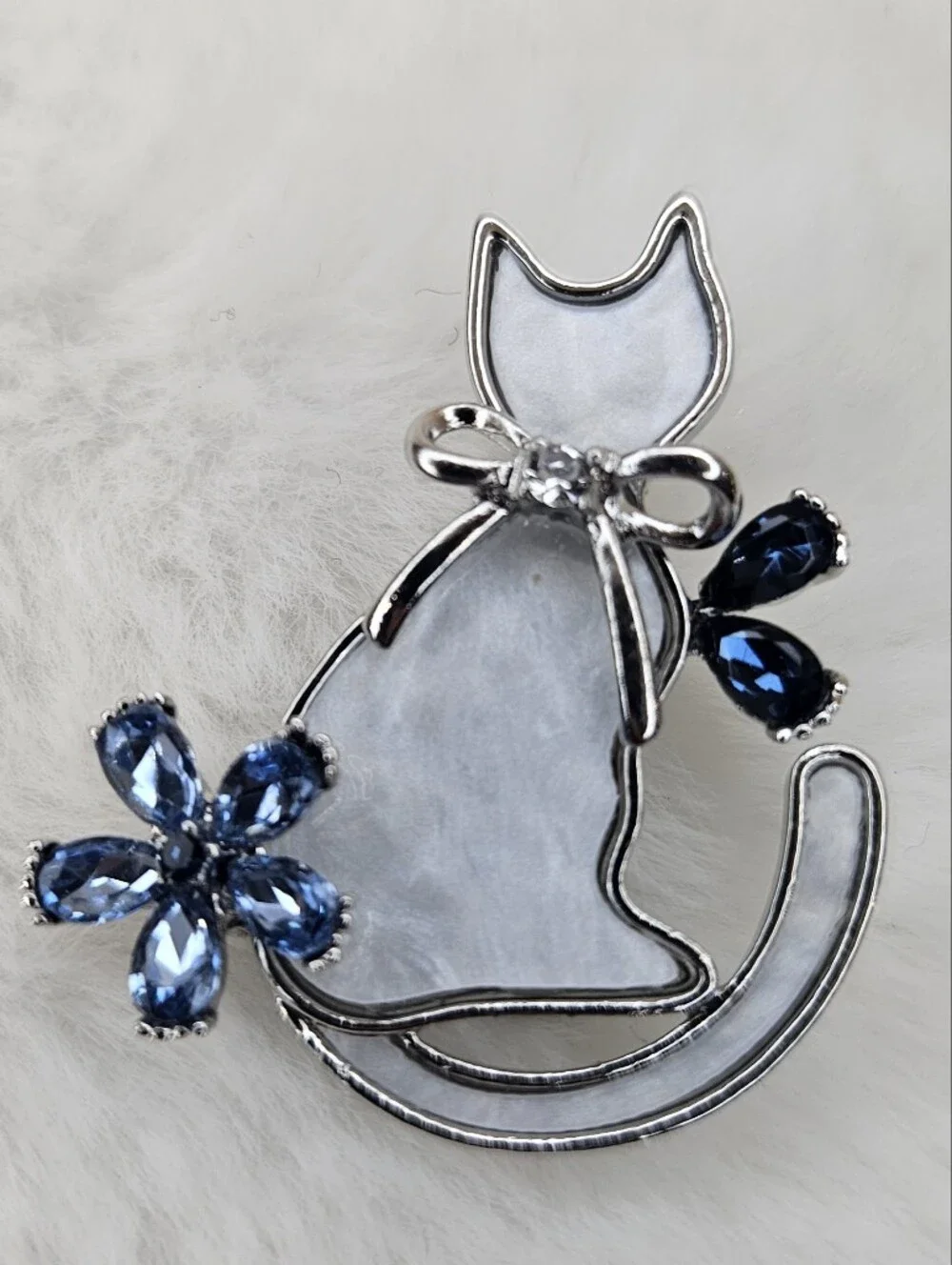 Silver Cat Brooch with Blue Crystal Flower